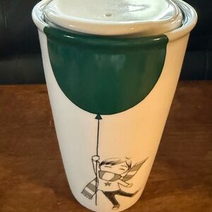 Starbucks 2014 covered travel tumbler “Boy With A Green Balloon”, 12 oz